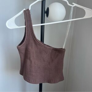 One-Shoulder Ribbed Top - Brown